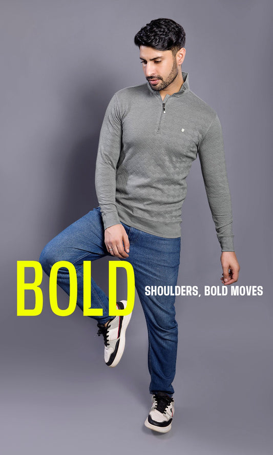 GREY FULL SLEEVE ZIP PULLOVER WITH COLLAR STAND