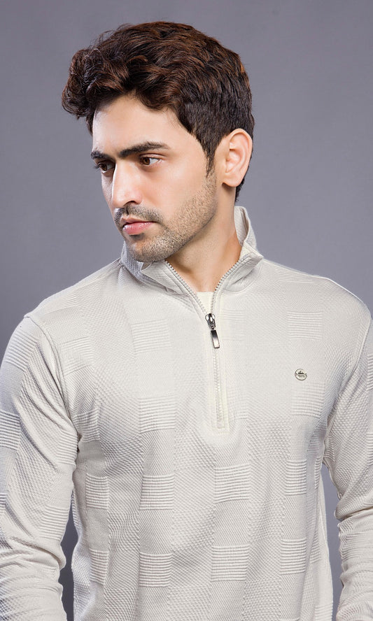 SNOW WHITE FULL SLEEVE ZIP PULLOVER WITH COLLAR STAND