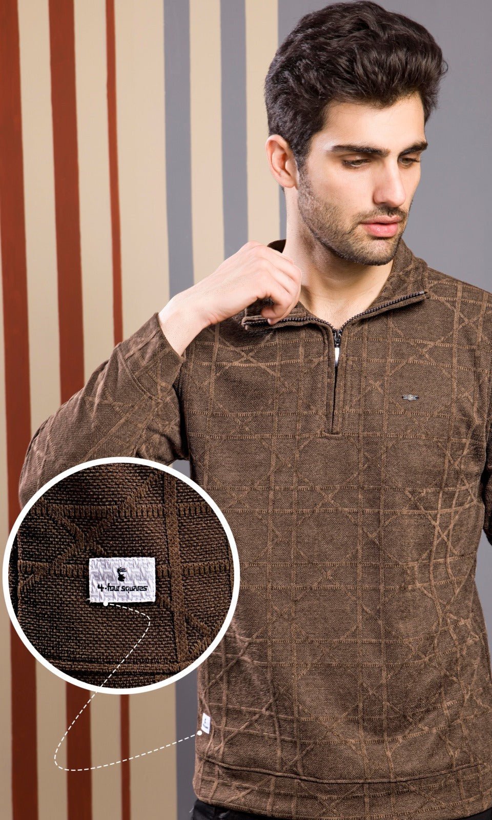 TANN BROWN JACQUARD ZIPPER SWEATSHIRT