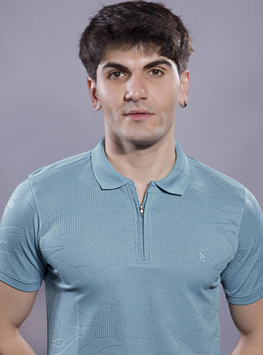 POWDER BLUE JACQUARD GLITCH ZIPPER POLO