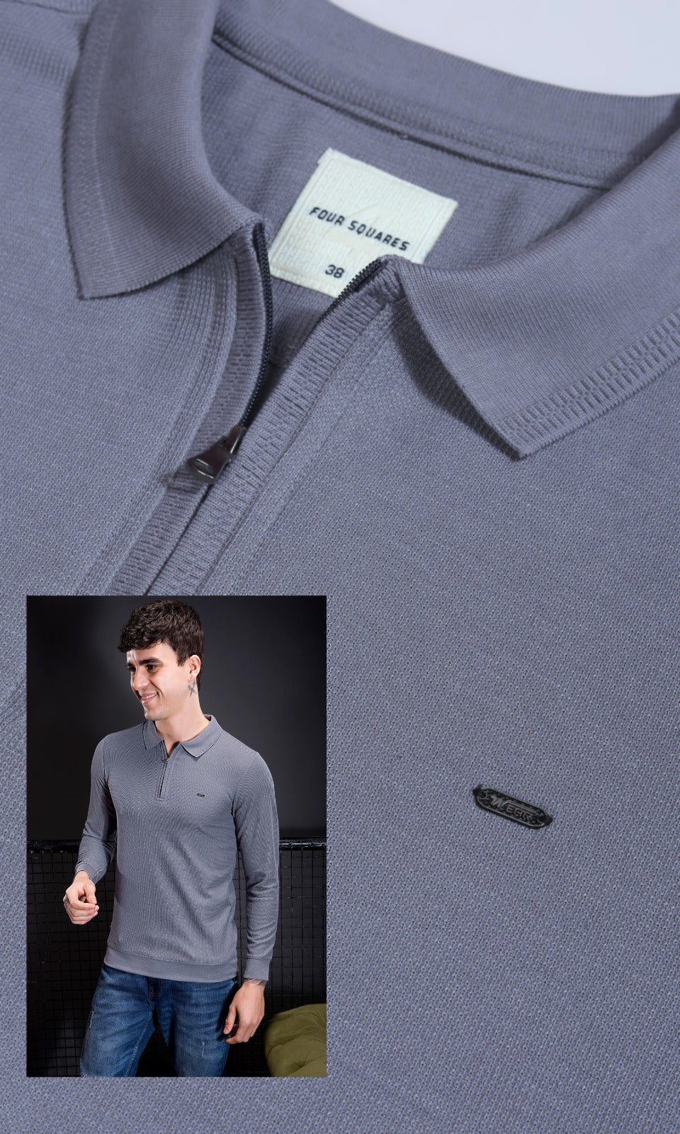 DARK GREY INTERLOCK CRACKLE KNIT ZIPPER FULL SLEEVES