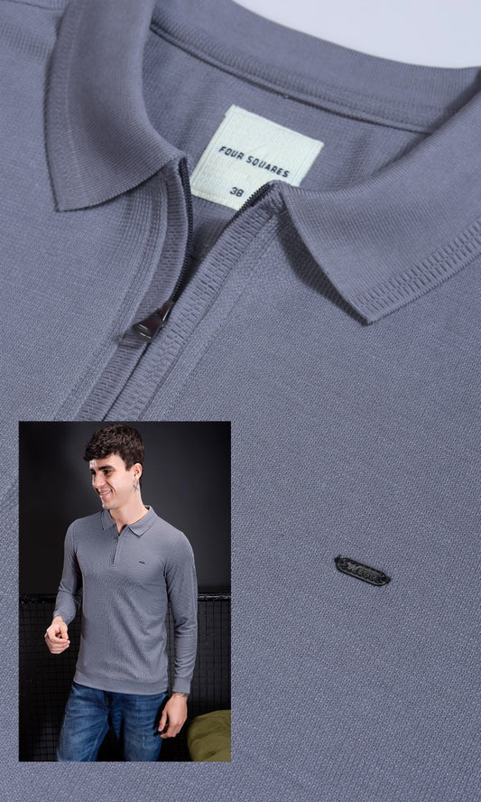 DARK GREY INTERLOCK CRACKLE KNIT ZIPPER FULL SLEEVES