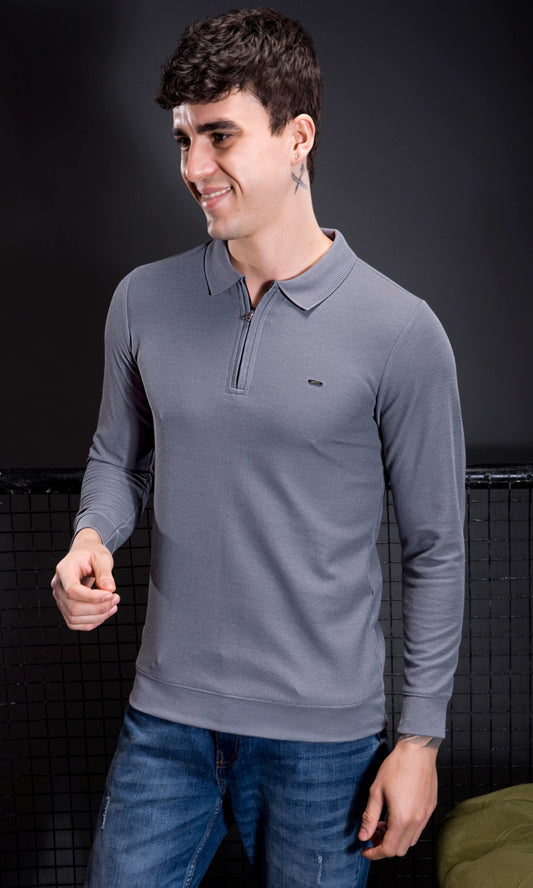 DARK GREY INTERLOCK CRACKLE KNIT ZIPPER FULL SLEEVES