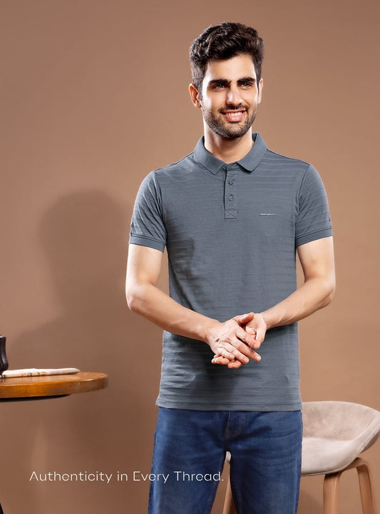 GREY INTERLOCK SELF STRIPES POLO