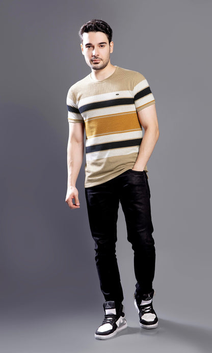 SAND BROWN AUTOSTRIPER BUBBLE KNIT TEES