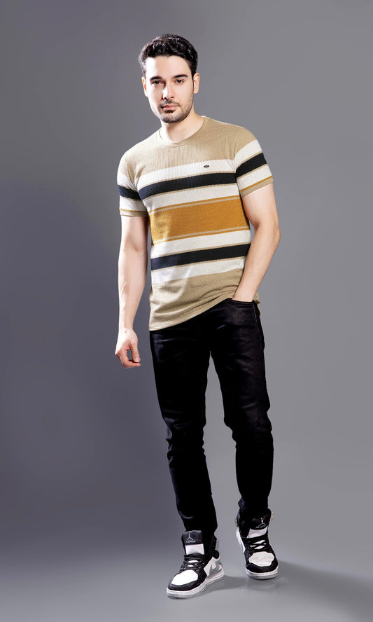 SAND BROWN AUTOSTRIPER BUBBLE KNIT TEES