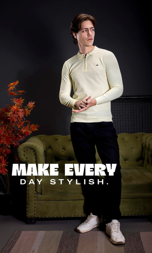 MILKY WHITE INTERLOCK CRACKLE KNIT ZIPPER FULL SLEEVES