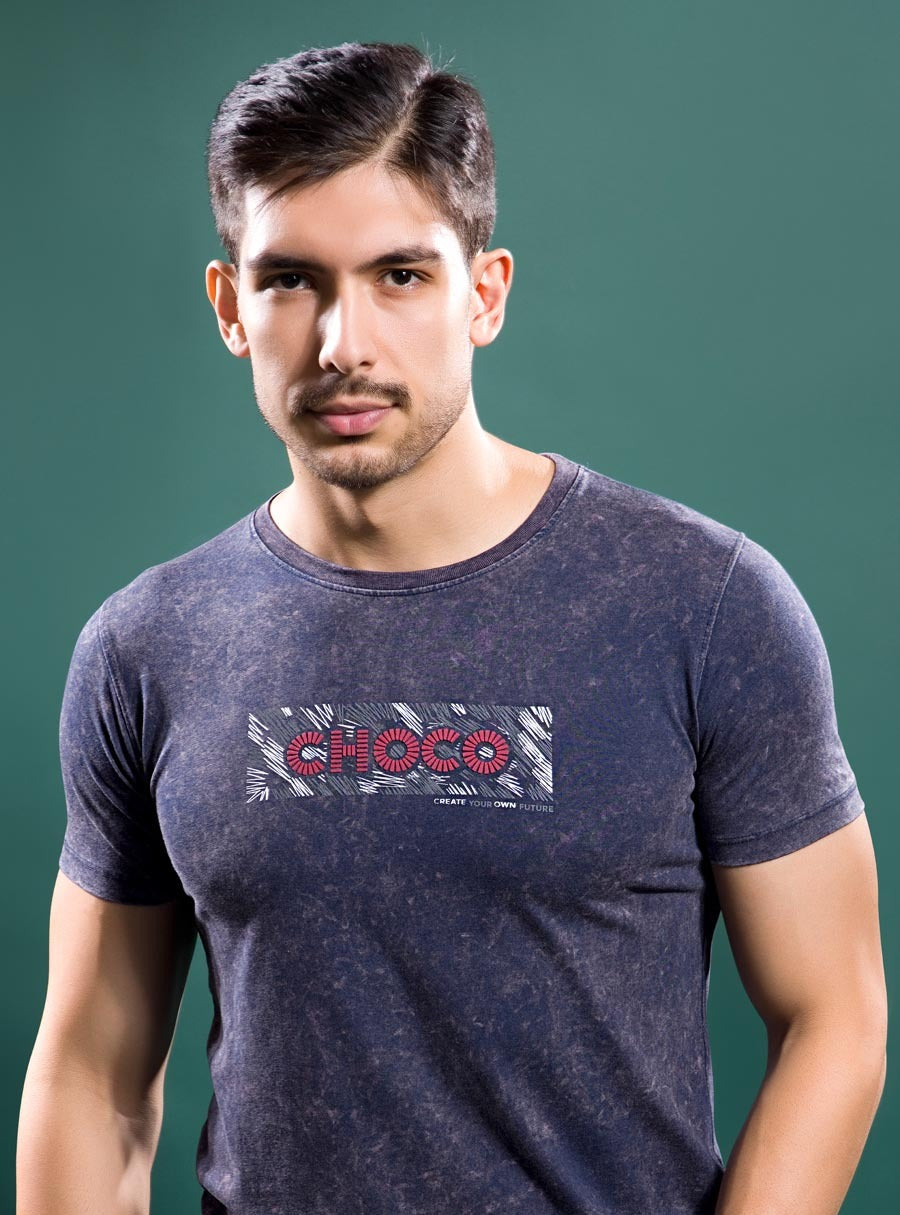 NAVY TENCIL LYCRA ACID WASH GRAPHIC TEES