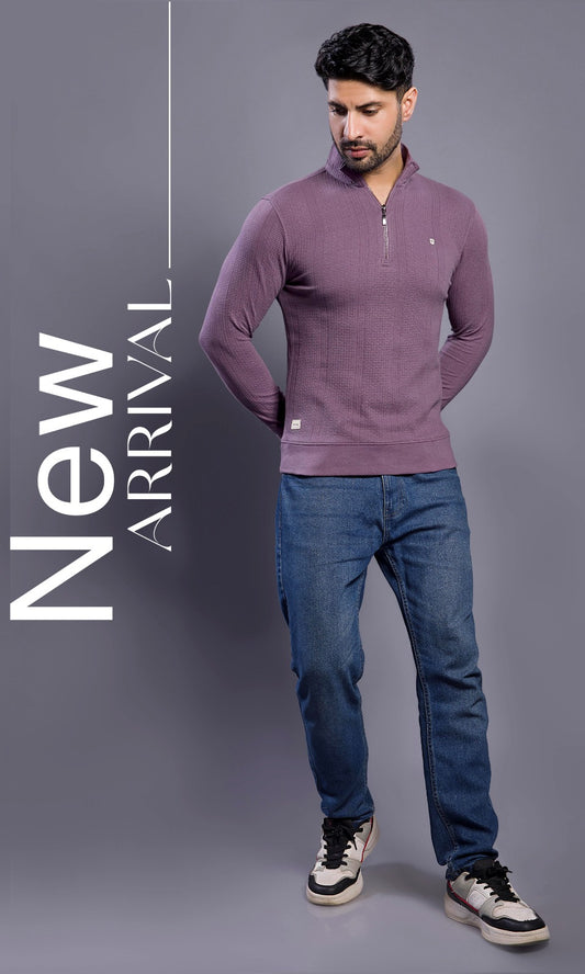 PURPLE FULL SLEEVE ZIP PULLOVER WITH COLLAR STAND