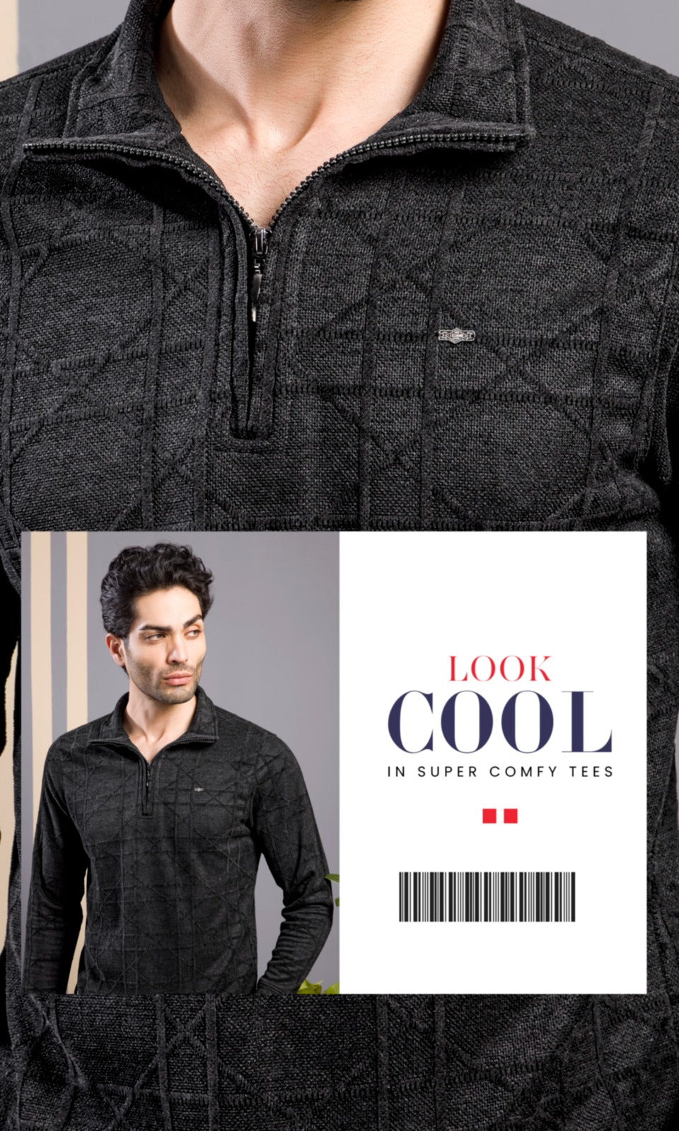 BLACK JACQUARD ZIPPER SWEATSHIRT