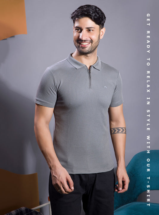 GREY VERTICAL KNIT ZIP POLO