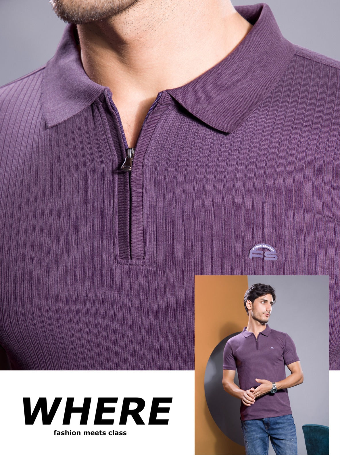PURPLE VERTICAL KNIT ZIP POLO
