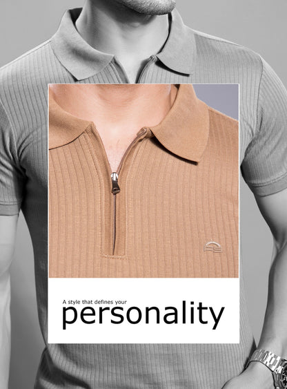 BROWN VERTICAL KNIT ZIP POLO