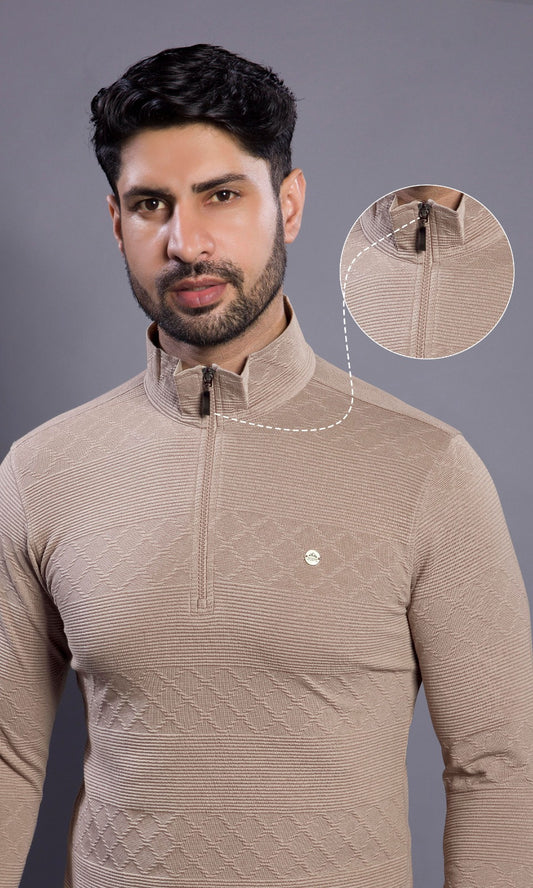 BEIGE FULL SLEEVE ZIP PULLOVER WITH COLLAR STAND