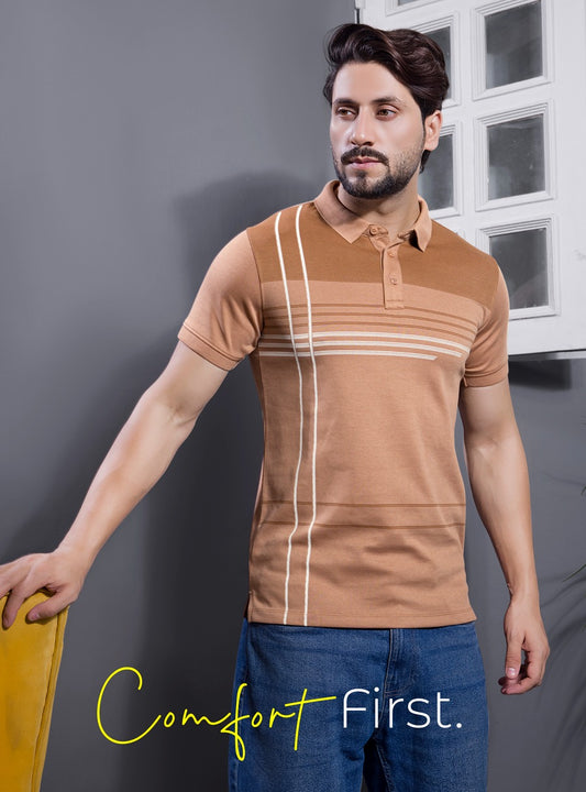 LT.TAN PIQUE PRINTED POLO