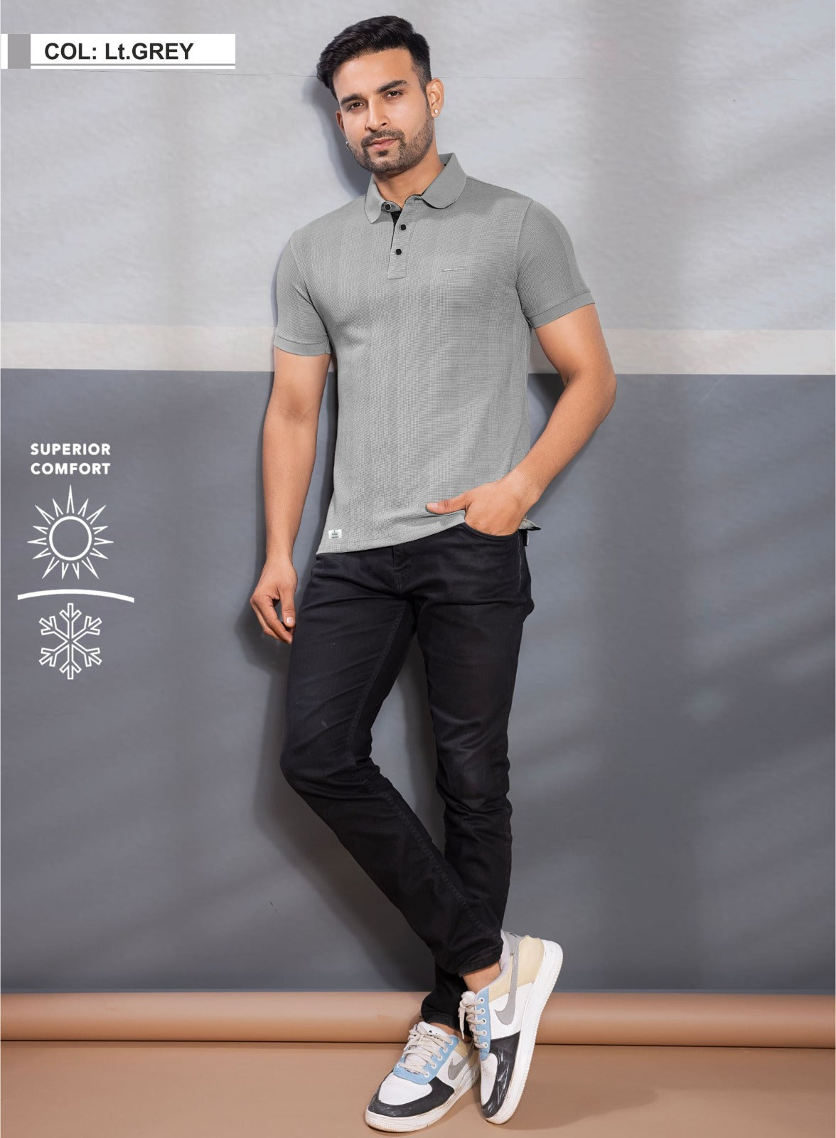 LT.GREY VERTICAL STRUCTURED SELF STRIPE KNIT POLO