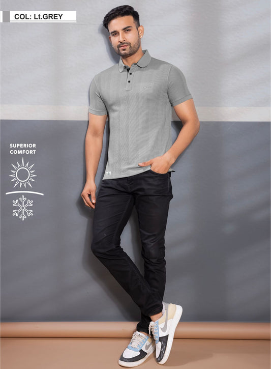 LT.GREY VERTICAL STRUCTURED SELF STRIPE KNIT POLO