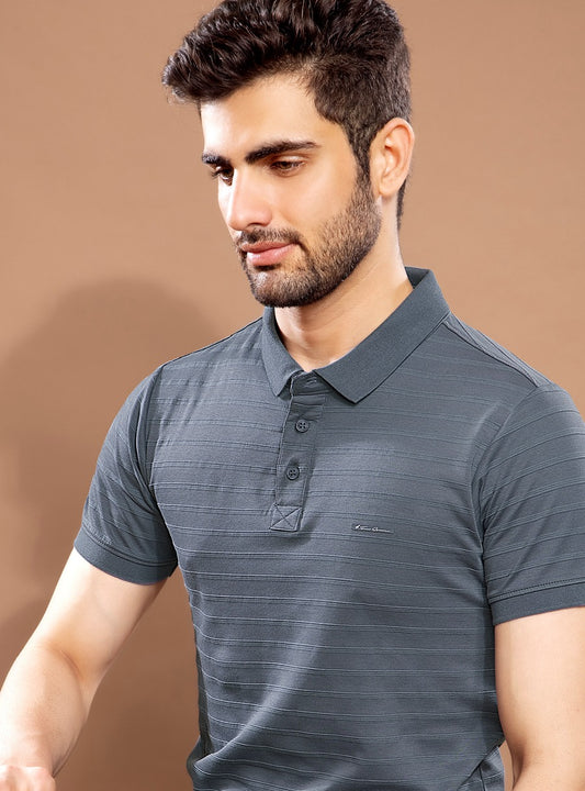 GREY INTERLOCK SELF STRIPES POLO