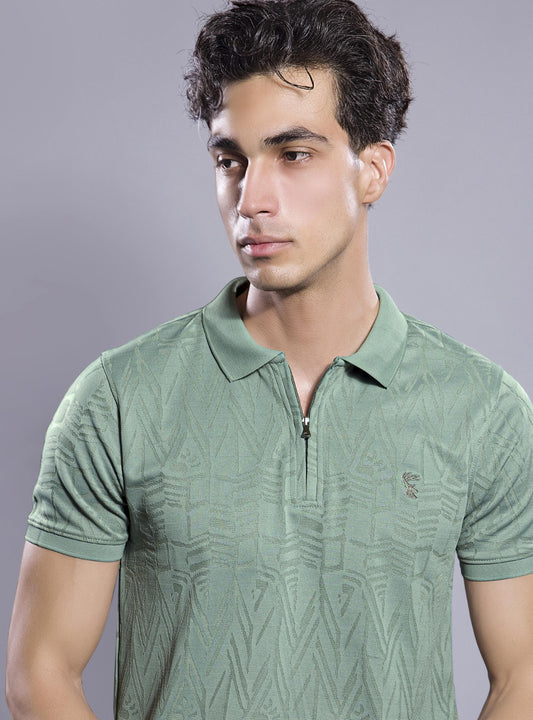 PISTACHIO JACQUARD GLITCH ZIPPER POLO